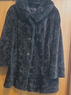 Vintage 1950s Black Faux Lamb Pea Coat with Faux Fur Wide Collar